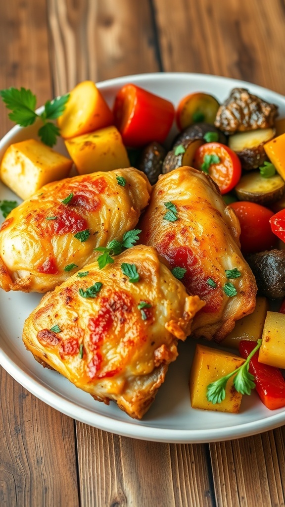 Crispy Air Fryer Chicken Thighs Recipe Crispy air fryer chicken thighs served with roasted vegetables on a rustic table.